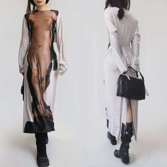 Ann demeulemeester beige kaftan knit maxi long sleeve belted dress - Picture 7 of 11
